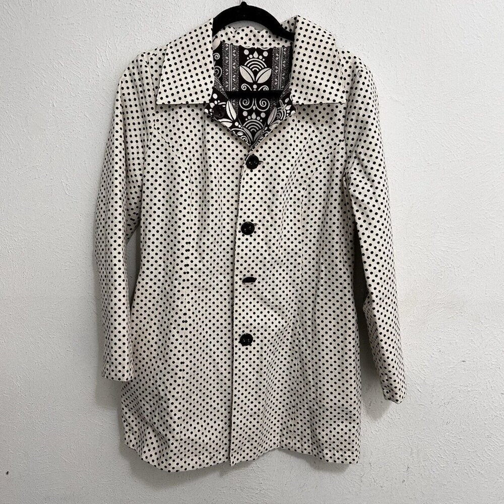 Vintage Floral Polka Dot Reversible Mod Car Coat Brown Ivory Button Front Size S